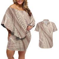 Polynesian Puakeniken Pikake Twisted Lei Couples Matching Off Shoulder Short Dress and Hawaiian Shirt Beige LT7 Beige - Polynesian Pride