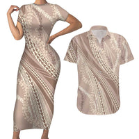 Polynesian Puakeniken Pikake Twisted Lei Couples Matching Short Sleeve Bodycon Dress and Hawaiian Shirt Beige LT7 Beige - Polynesian Pride