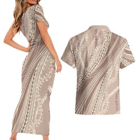 Polynesian Puakeniken Pikake Twisted Lei Couples Matching Short Sleeve Bodycon Dress and Hawaiian Shirt Beige LT7 - Polynesian Pride