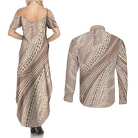 Polynesian Puakeniken Pikake Twisted Lei Couples Matching Summer Maxi Dress and Long Sleeve Button Shirt Beige - Polynesian Pride