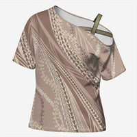 Polynesian Puakeniken Pikake Twisted Lei Cross Shoulder Shirt Beige - Polynesian Pride