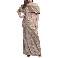 Polynesian Puakeniken Pikake Twisted Lei Family Matching Off Shoulder Maxi Dress and Hawaiian Shirt Beige LT7 Mom's Dress Beige - Polynesian Pride