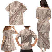 Polynesian Puakeniken Pikake Twisted Lei Family Matching Puletasi and Hawaiian Shirt Beige LT7 - Polynesian Pride