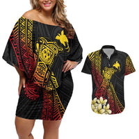 Personalized Papua New Guinea Couples Matching Off Shoulder Short Dress and Hawaiian Shirt Kundu Drum Carving Motifs LT7 Black - Polynesian Pride