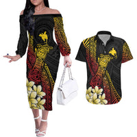Personalized Papua New Guinea Couples Matching Off The Shoulder Long Sleeve Dress and Hawaiian Shirt Kundu Drum Carving Motifs LT7 Black - Polynesian Pride