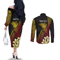 Personalized Papua New Guinea Couples Matching Off The Shoulder Long Sleeve Dress and Long Sleeve Button Shirt Kundu Drum Carving Motifs LT7 - Polynesian Pride