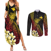 Personalized Papua New Guinea Couples Matching Summer Maxi Dress and Long Sleeve Button Shirt Kundu Drum Carving Motifs LT7 Black - Polynesian Pride