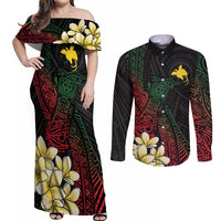 Personalized Papua New Guinea Couples Matching Off Shoulder Maxi Dress and Long Sleeve Button Shirt Kundu Drum Motifs - Sepik Colors LT7 Black - Polynesian Pride