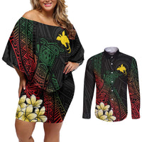 Personalized Papua New Guinea Couples Matching Off Shoulder Short Dress and Long Sleeve Button Shirt Kundu Drum Motifs - Sepik Colors LT7 Black - Polynesian Pride