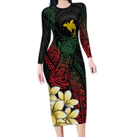 Personalized Papua New Guinea Family Matching Long Sleeve Bodycon Dress and Hawaiian Shirt Kundu Drum Motifs - Sepik Colors LT7 Mom's Dress Black - Polynesian Pride