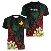 Personalized Papua New Guinea Women V-Neck T-Shirt Kundu Drum Motifs - Sepik Colors LT7 - Polynesian Pride