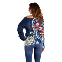 Bula Fiji Tagimaucia Mix Plumeria Masi Tapa Off Shoulder Sweater Blue LT7 - Polynesian Pride