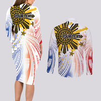 Philippines Independence Day Couples Matching Long Sleeve Bodycon Dress and Long Sleeve Button Shirt Eagle Mix Filipino Flag Tribal Style LT7 - Polynesian Pride