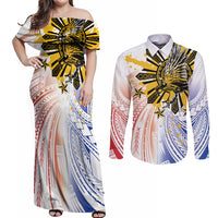 Philippines Independence Day Couples Matching Off Shoulder Maxi Dress and Long Sleeve Button Shirt Eagle Mix Filipino Flag Tribal Style LT7 White - Polynesian Pride