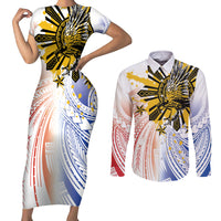 Philippines Independence Day Couples Matching Short Sleeve Bodycon Dress and Long Sleeve Button Shirt Eagle Mix Filipino Flag Tribal Style LT7 White - Polynesian Pride