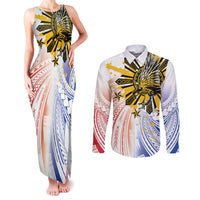 Philippines Independence Day Couples Matching Tank Maxi Dress and Long Sleeve Button Shirt Eagle Mix Filipino Flag Tribal Style LT7 White - Polynesian Pride
