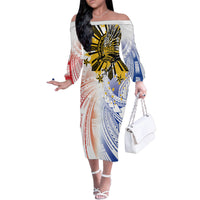 Philippines Independence Day Family Matching Off The Shoulder Long Sleeve Dress and Hawaiian Shirt Eagle Mix Filipino Flag Tribal Style LT7 Mom's Dress White - Polynesian Pride