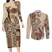 Talofa Samoa Mamanu Siapo Mix Malu Couples Matching Long Sleeve Bodycon Dress and Long Sleeve Button Shirt Classic Beige Frangipani and Turtles LT7 Beige - Polynesian Pride