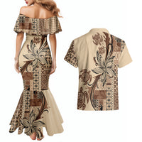 Talofa Samoa Mamanu Siapo Mix Malu Couples Matching Mermaid Dress and Hawaiian Shirt Classic Beige Frangipani and Turtles LT7 - Polynesian Pride