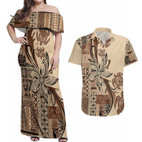 Talofa Samoa Mamanu Siapo Mix Malu Couples Matching Off Shoulder Maxi Dress and Hawaiian Shirt Classic Beige Frangipani and Turtles LT7 Beige - Polynesian Pride