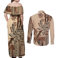 Talofa Samoa Mamanu Siapo Mix Malu Couples Matching Off Shoulder Maxi Dress and Long Sleeve Button Shirt Classic Beige Frangipani and Turtles LT7 - Polynesian Pride
