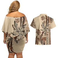 Talofa Samoa Mamanu Siapo Mix Malu Couples Matching Off Shoulder Short Dress and Hawaiian Shirt Classic Beige Frangipani and Turtles LT7 - Polynesian Pride