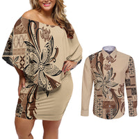 Talofa Samoa Mamanu Siapo Mix Malu Couples Matching Off Shoulder Short Dress and Long Sleeve Button Shirt Classic Beige Frangipani and Turtles LT7 Beige - Polynesian Pride