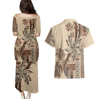 Talofa Samoa Mamanu Siapo Mix Malu Couples Matching Puletasi and Hawaiian Shirt Classic Beige Frangipani and Turtles LT7 - Polynesian Pride