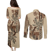 Talofa Samoa Mamanu Siapo Mix Malu Couples Matching Puletasi and Long Sleeve Button Shirt Classic Beige Frangipani and Turtles