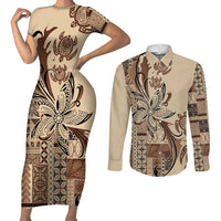 Talofa Samoa Mamanu Siapo Mix Malu Couples Matching Short Sleeve Bodycon Dress and Long Sleeve Button Shirt Classic Beige Frangipani and Turtles LT7 Beige - Polynesian Pride