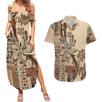 Talofa Samoa Mamanu Siapo Mix Malu Couples Matching Summer Maxi Dress and Hawaiian Shirt Classic Beige Frangipani and Turtles LT7 Beige - Polynesian Pride