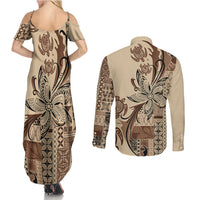 Talofa Samoa Mamanu Siapo Mix Malu Couples Matching Summer Maxi Dress and Long Sleeve Button Shirt Classic Beige Frangipani and Turtles LT7 - Polynesian Pride