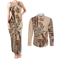 Talofa Samoa Mamanu Siapo Mix Malu Couples Matching Tank Maxi Dress and Long Sleeve Button Shirt Classic Beige Frangipani and Turtles LT7 Beige - Polynesian Pride