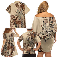 Talofa Samoa Mamanu Siapo Mix Malu Family Matching Off Shoulder Short Dress and Hawaiian Shirt Classic Beige Frangipani and Turtles LT7 - Polynesian Pride