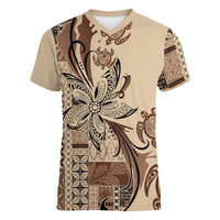 Talofa Samoa Mamanu Siapo Mix Malu Women V-Neck T-Shirt Classic Beige Frangipani and Turtles LT7 Female Beige - Polynesian Pride