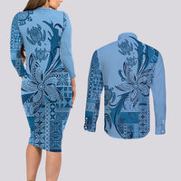 Talofa Samoa Mamanu Siapo Mix Malu Couples Matching Long Sleeve Bodycon Dress and Long Sleeve Button Shirt Cool Blue Frangipani and Turtles LT7 - Polynesian Pride