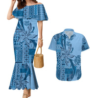 Talofa Samoa Mamanu Siapo Mix Malu Couples Matching Mermaid Dress and Hawaiian Shirt Cool Blue Frangipani and Turtles LT7 Blue - Polynesian Pride