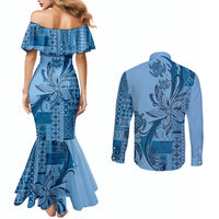 Talofa Samoa Mamanu Siapo Mix Malu Couples Matching Mermaid Dress and Long Sleeve Button Shirt Cool Blue Frangipani and Turtles LT7 - Polynesian Pride