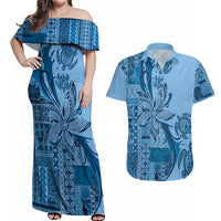 Talofa Samoa Mamanu Siapo Mix Malu Couples Matching Off Shoulder Maxi Dress and Hawaiian Shirt Cool Blue Frangipani and Turtles LT7 Blue - Polynesian Pride