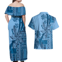 Talofa Samoa Mamanu Siapo Mix Malu Couples Matching Off Shoulder Maxi Dress and Hawaiian Shirt Cool Blue Frangipani and Turtles LT7 - Polynesian Pride