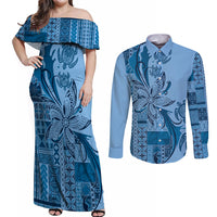 Talofa Samoa Mamanu Siapo Mix Malu Couples Matching Off Shoulder Maxi Dress and Long Sleeve Button Shirt Cool Blue Frangipani and Turtles LT7 Blue - Polynesian Pride