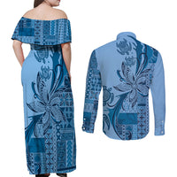 Talofa Samoa Mamanu Siapo Mix Malu Couples Matching Off Shoulder Maxi Dress and Long Sleeve Button Shirt Cool Blue Frangipani and Turtles LT7 - Polynesian Pride