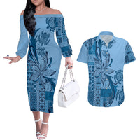 Talofa Samoa Mamanu Siapo Mix Malu Couples Matching Off The Shoulder Long Sleeve Dress and Hawaiian Shirt Cool Blue Frangipani and Turtles LT7 Blue - Polynesian Pride