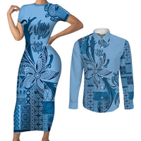Talofa Samoa Mamanu Siapo Mix Malu Couples Matching Short Sleeve Bodycon Dress and Long Sleeve Button Shirt Cool Blue Frangipani and Turtles LT7 Blue - Polynesian Pride
