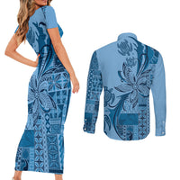 Talofa Samoa Mamanu Siapo Mix Malu Couples Matching Short Sleeve Bodycon Dress and Long Sleeve Button Shirt Cool Blue Frangipani and Turtles LT7 - Polynesian Pride