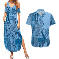 Talofa Samoa Mamanu Siapo Mix Malu Couples Matching Summer Maxi Dress and Hawaiian Shirt Cool Blue Frangipani and Turtles LT7 Blue - Polynesian Pride