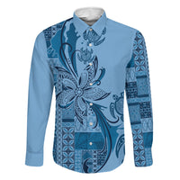 Talofa Samoa Mamanu Siapo Mix Malu Family Matching Off Shoulder Short Dress and Hawaiian Shirt Cool Blue Frangipani and Turtles LT7 Dad's Shirt - Long Sleeve Blue - Polynesian Pride