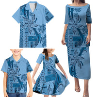 Talofa Samoa Mamanu Siapo Mix Malu Family Matching Puletasi and Hawaiian Shirt Cool Blue Frangipani and Turtles LT7 - Polynesian Pride