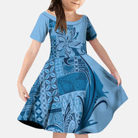 Talofa Samoa Mamanu Siapo Mix Malu Kid Short Sleeve Dress Cool Blue Frangipani and Turtles