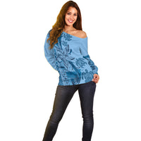 Talofa Samoa Mamanu Siapo Mix Malu Off Shoulder Sweater Cool Blue Frangipani and Turtles